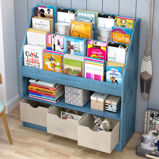 Spacious Multi-tier Bookcase Storage Shelf with Organisers Blue