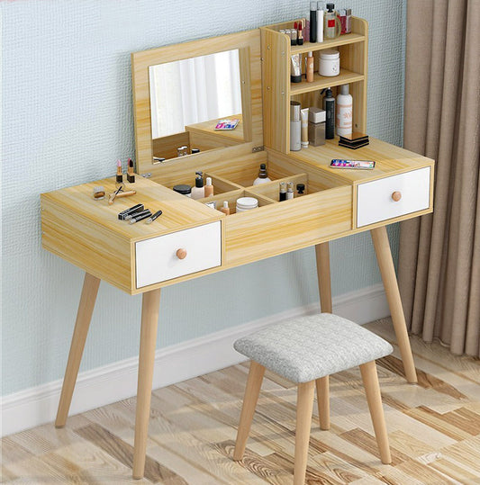 Elegant Vanity Table with Mirror Stool and Storage Shelves Oak