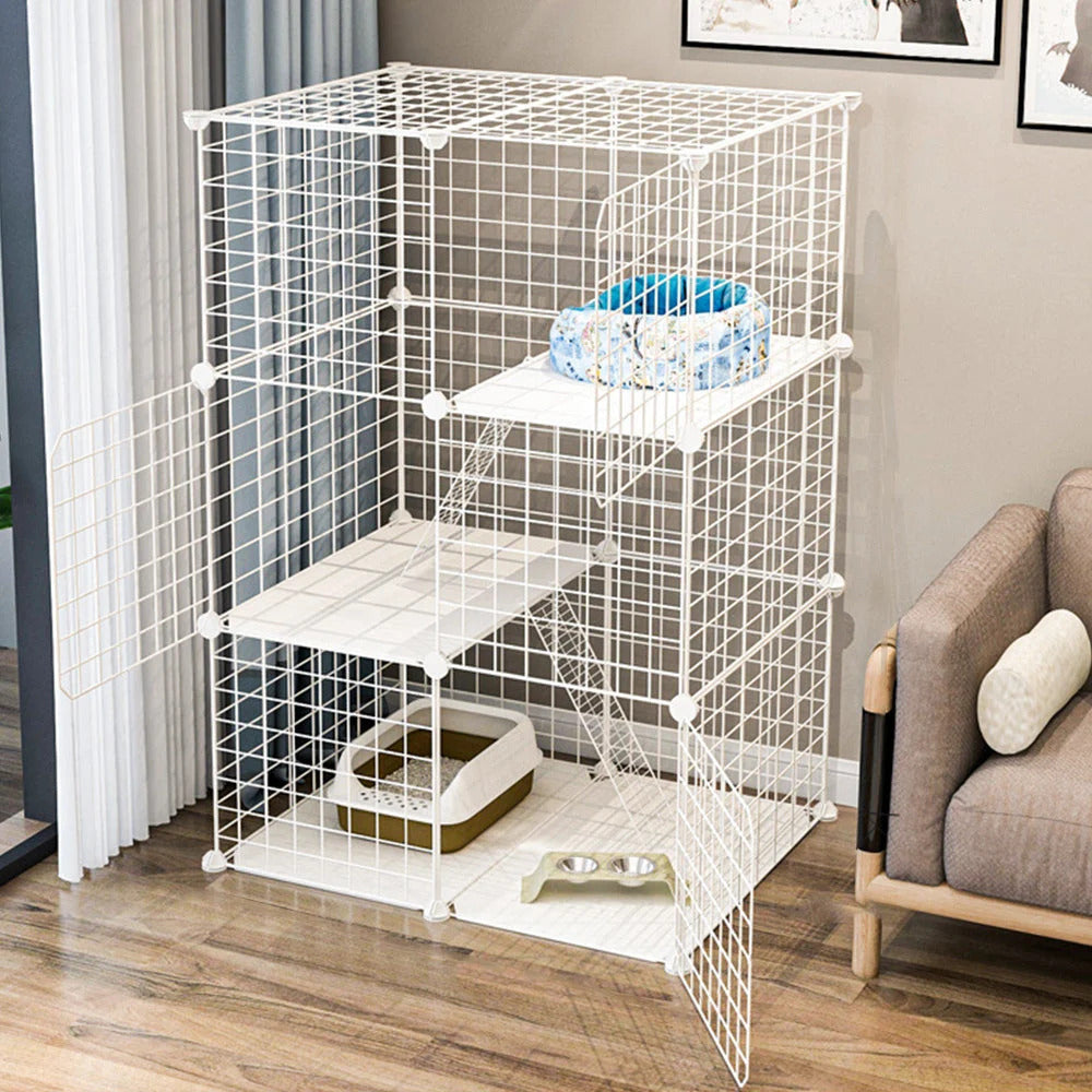 Large Metal Wire Cat Cage Detachable Kennel Playpen Exercise Crate White