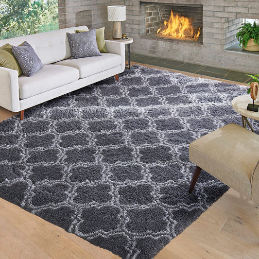 300 x 200 XL Soft Comfortable Shag Rug Black Lattice