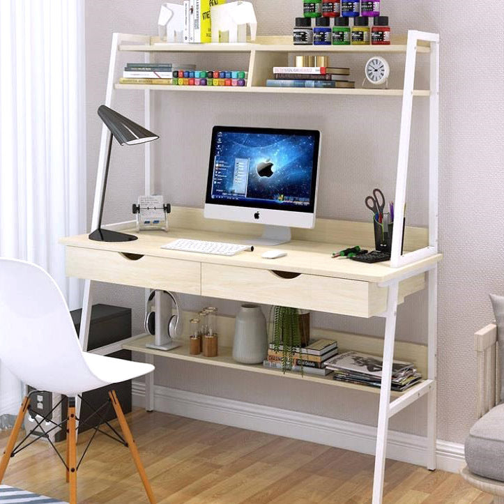 Modern Computer Desk with Shelves and Drawers White Oak