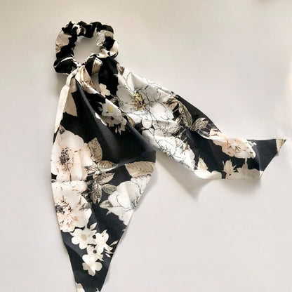 Silky Satin Floral Hair Scarf Scrunchies Ponytail Bow Hairband Headwear