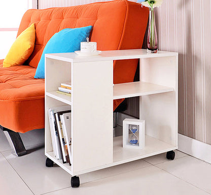 Compact Rolling Sofa Side Table with Magazine Rack White