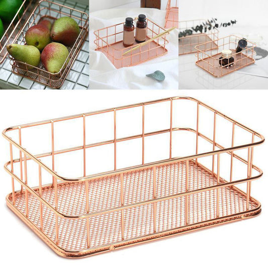 Elegant Rose Gold Metal Storage Basket Desktop Organizer