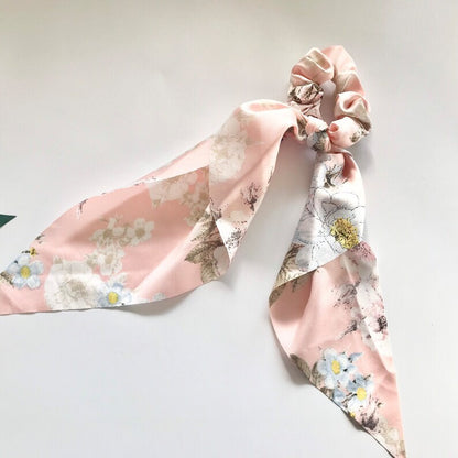 Silky Satin Floral Hair Scarf Scrunchies Ponytail Bow Hairband Headwear