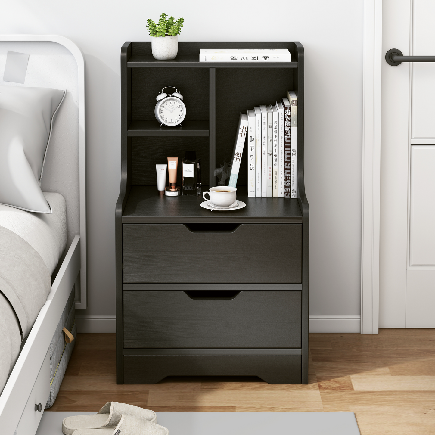 Elegant Tall 2-Drawer Bedside Table with Drawers and Shelves Black