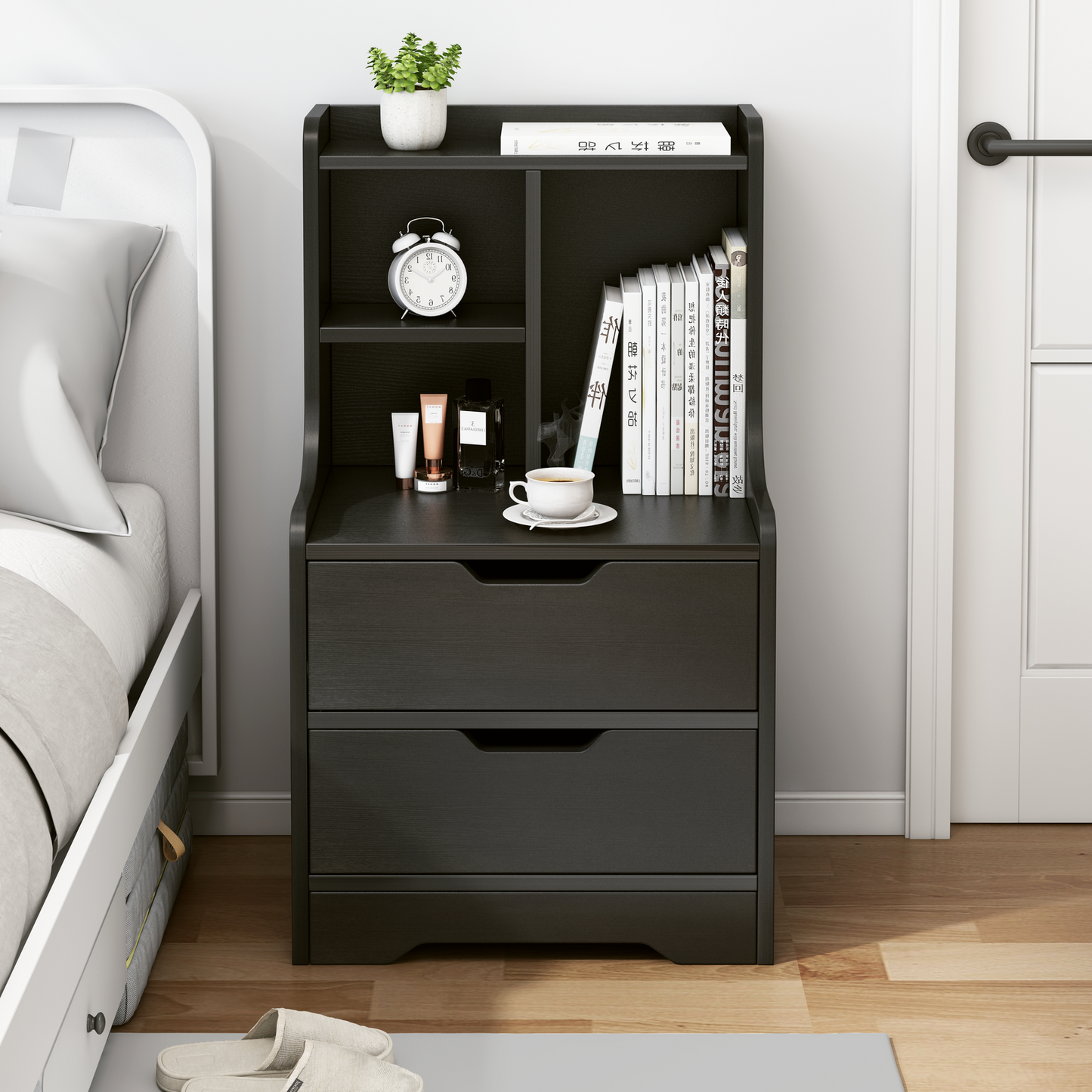 Elegant Tall 2-Drawer Bedside Table with Drawers and Shelves Black