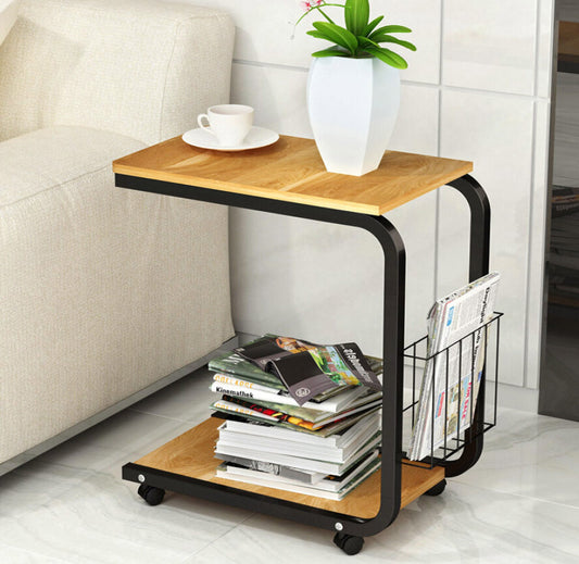 Sofa Bed Side Table with Magazine Rack and Wheels Oak Finish