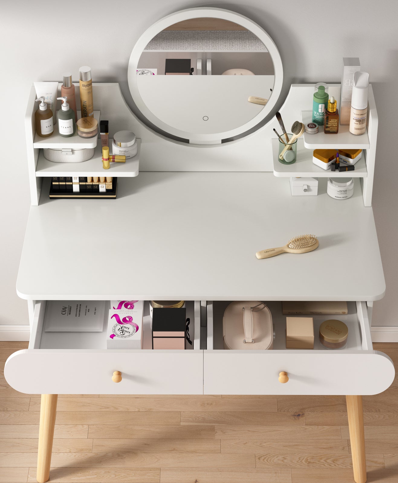 Elegant Vanity Table with Mirror Stool and Storage Drawers Set