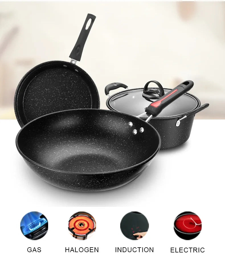 3 PC Non-Stick Stone Cookware Set Frying Pan Pot Kitchen Essentials