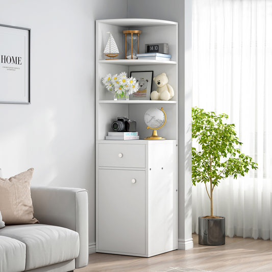 Stylish Wooden Corner Shelf Unit with Cabinet and Drawer White