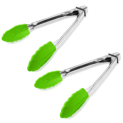 2 Pack - 18cm Stainless Steel Mini Tongs with Silicone Tips for Kitchen Green