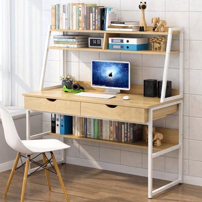 Spacious Office Computer Desk Workstation with Shelves and Drawers Oak & White