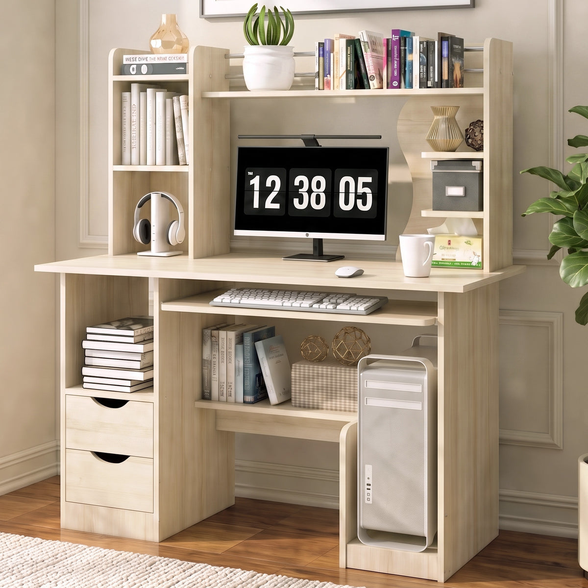 Stylish Computer Desk Home Office Workstation with Shelf and Cabinet White Oak