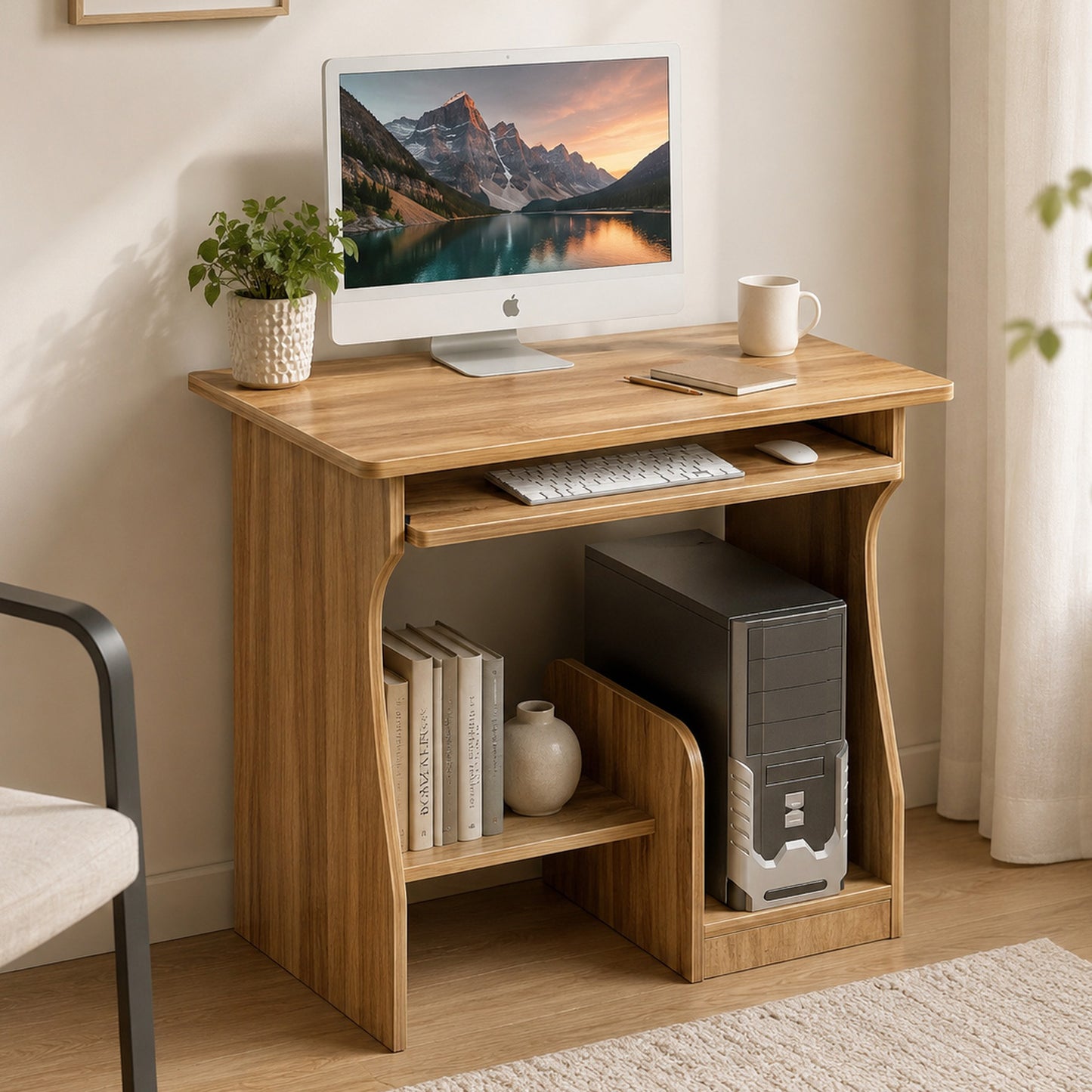 Compact Essential Computer Desk with Shelves Oak