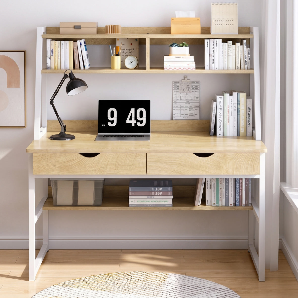 Spacious Office Computer Desk Workstation with Shelves and Drawers Oak & White