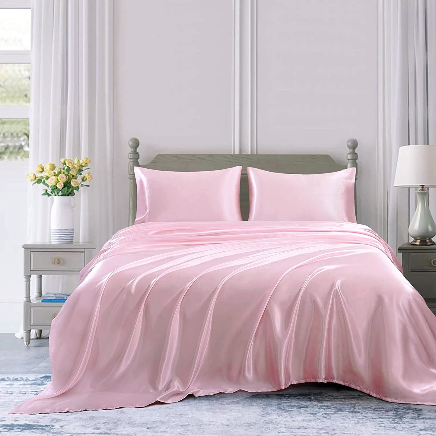 King Size Silky Satin Bed Sheet Set 4-Piece Soft and Smooth Pink