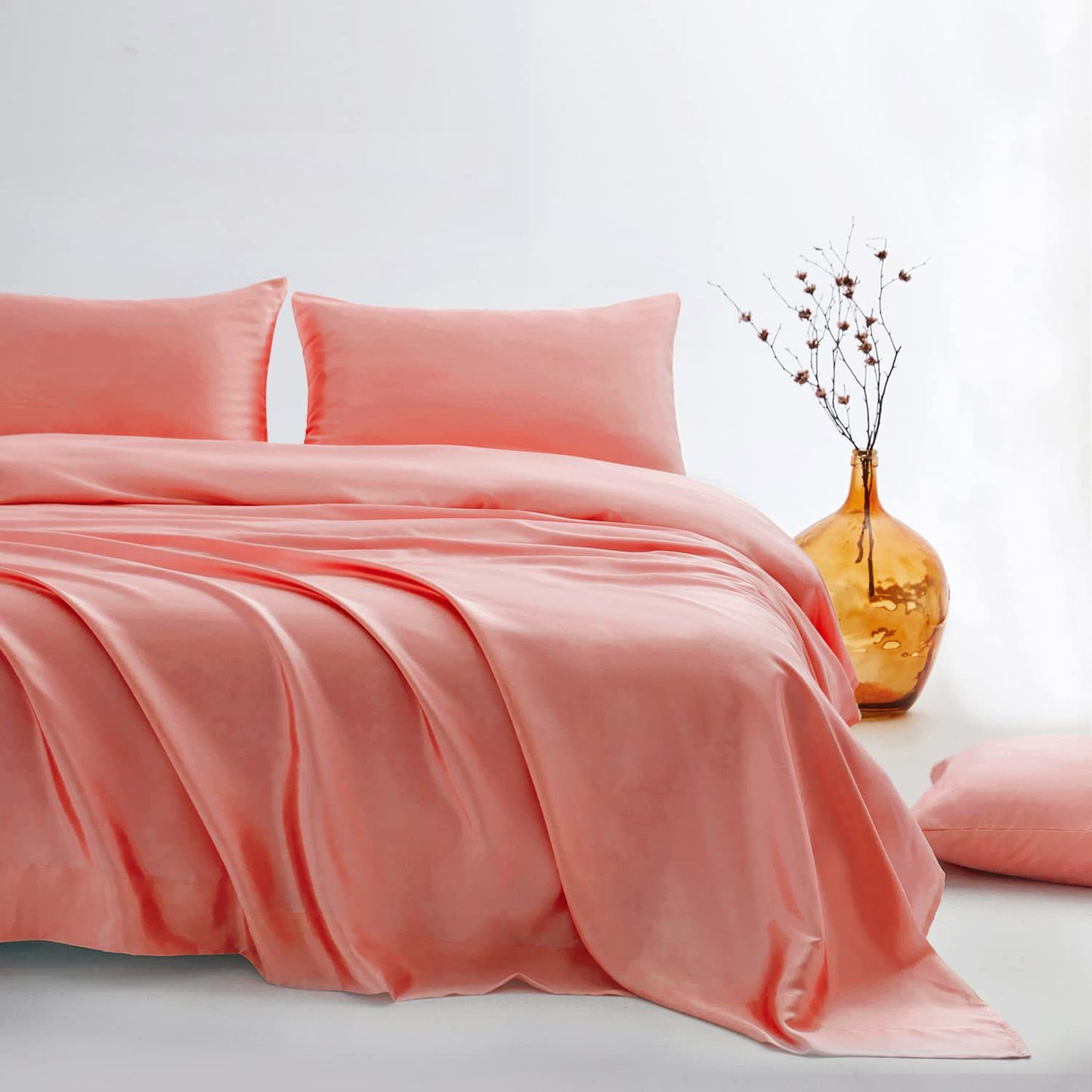 Queen Silky Satin Bed Sheet Set Luxurious Soft Bedding Rose Gold