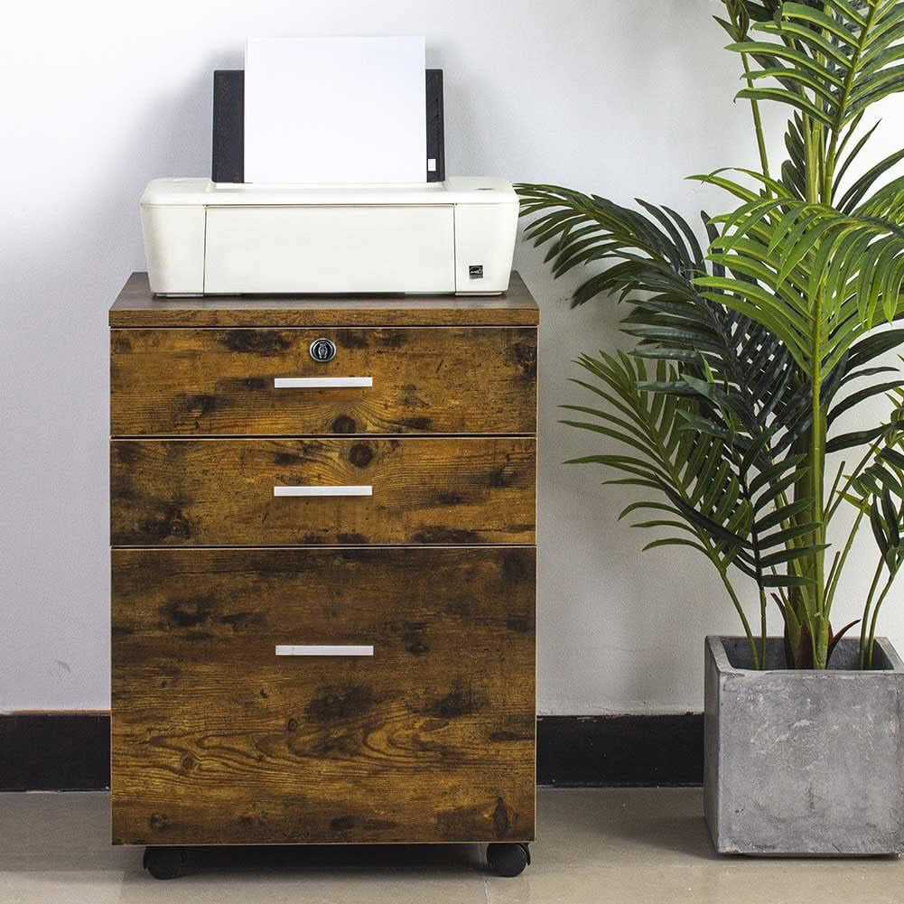 Rustic Wood 3 Drawer Bedside Table Cabinet with Wheels