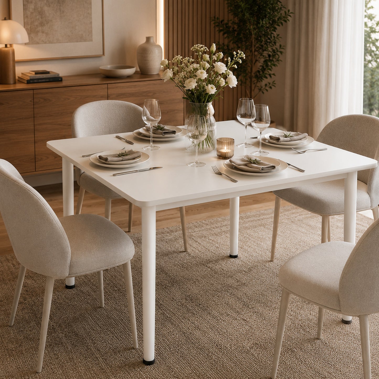 Modern White Kitchen Dining Table 80cm Square Wood Metal