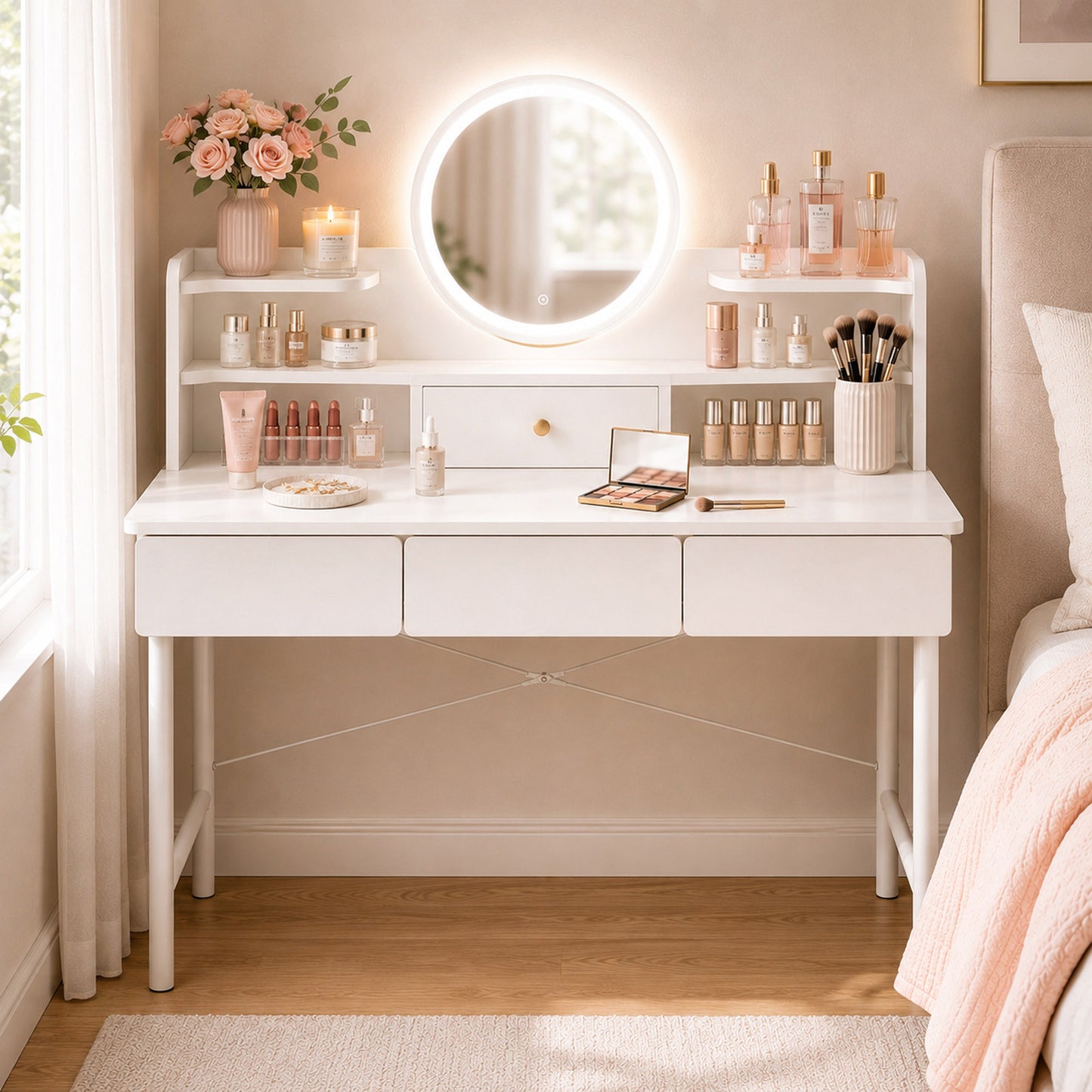 Large LED Mirror White Makeup Vanity Dressing Table Drawers & Storage Shelves