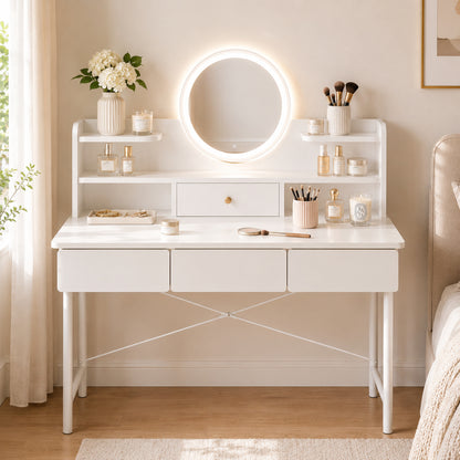 Large LED Mirror White Makeup Vanity Dressing Table Drawers & Storage Shelves