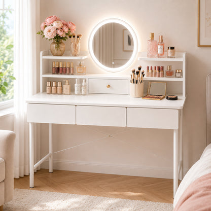 Large LED Mirror White Makeup Vanity Dressing Table Drawers & Storage Shelves