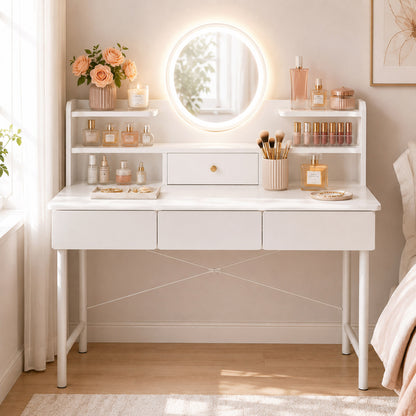 Large LED Mirror White Makeup Vanity Dressing Table Drawers & Storage Shelves