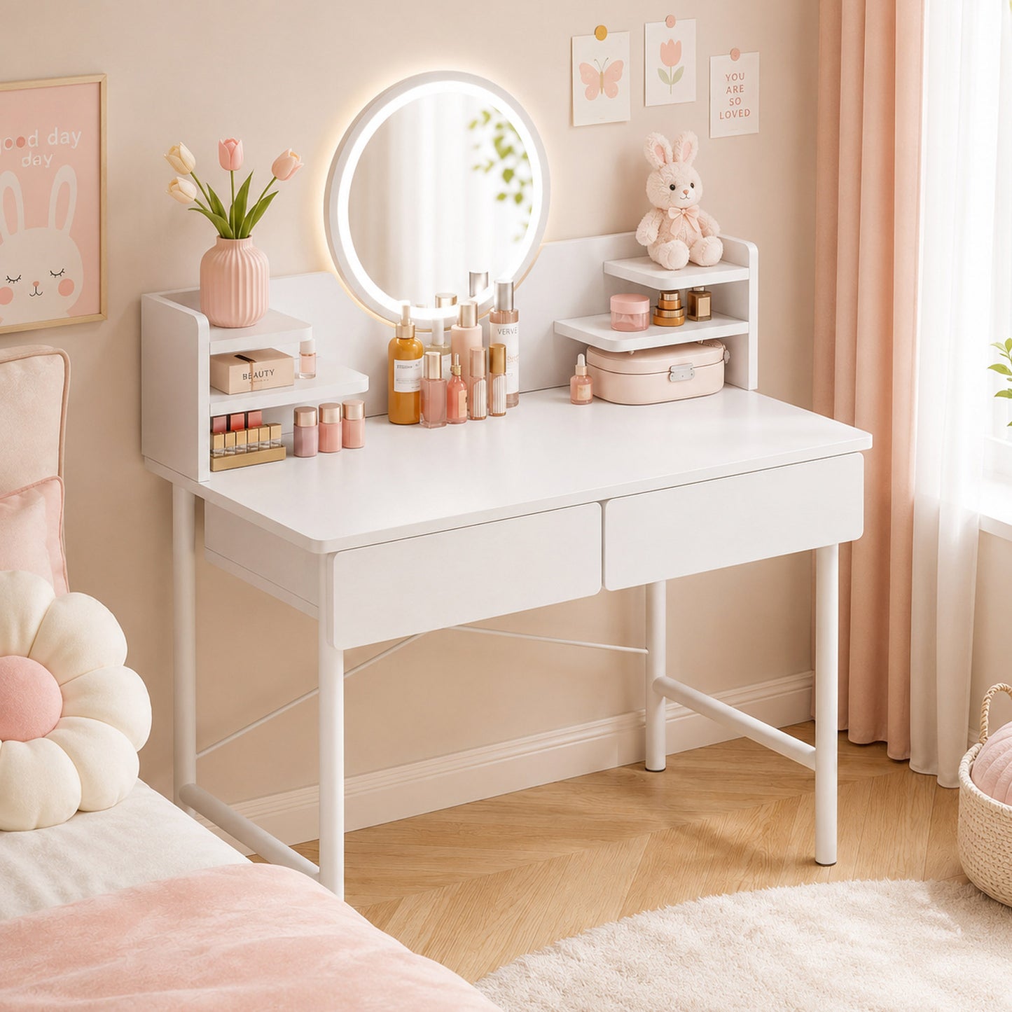 LED Mirror White Makeup Vanity Dressing Table Drawers & Storage Shelves