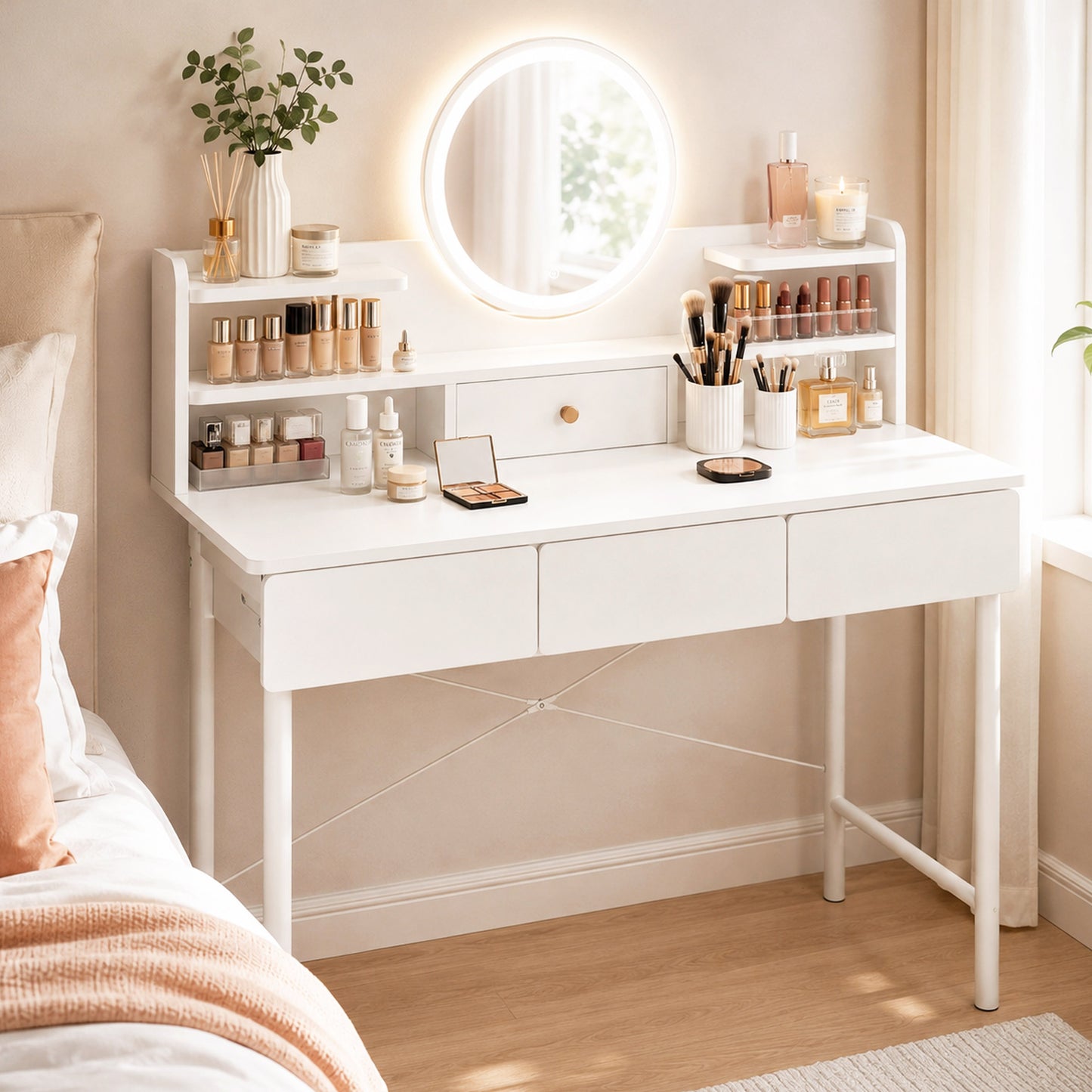 Large LED Mirror White Makeup Vanity Dressing Table Drawers & Storage Shelves