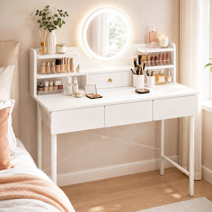 Large LED Mirror White Makeup Vanity Dressing Table Drawers & Storage Shelves