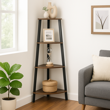 Corner Ladder Shelf Four Tier Rustic Wood Metal Display Unit Storage Stand