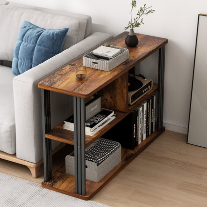 Rustic Wood and Steel Sofa Side Table with Shelves