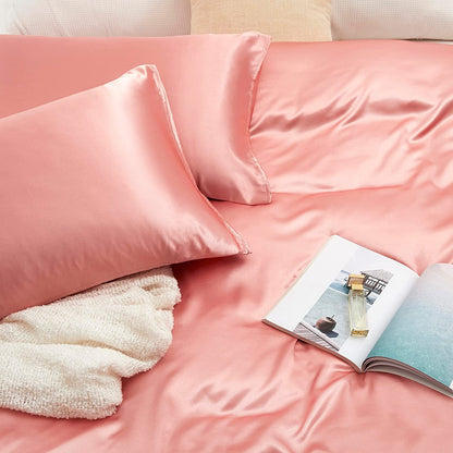 Double Silky Satin Bed Sheet Set Luxurious Softness Rose Gold