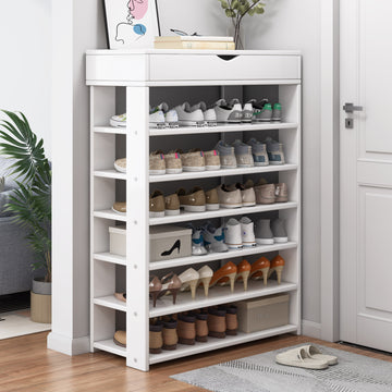 Spacious 7 Tier Wooden Shoe Rack Organizer Shelf Cabinet White