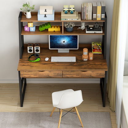 Spacious Office Computer Desk Workstation with Shelves and Drawers Rustic Wood