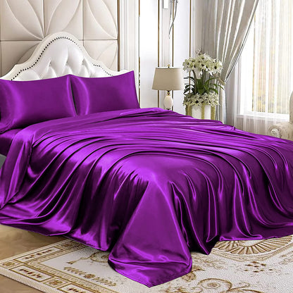 King Size Silky Satin Bed Sheet Set Luxurious Soft Bedding Purple