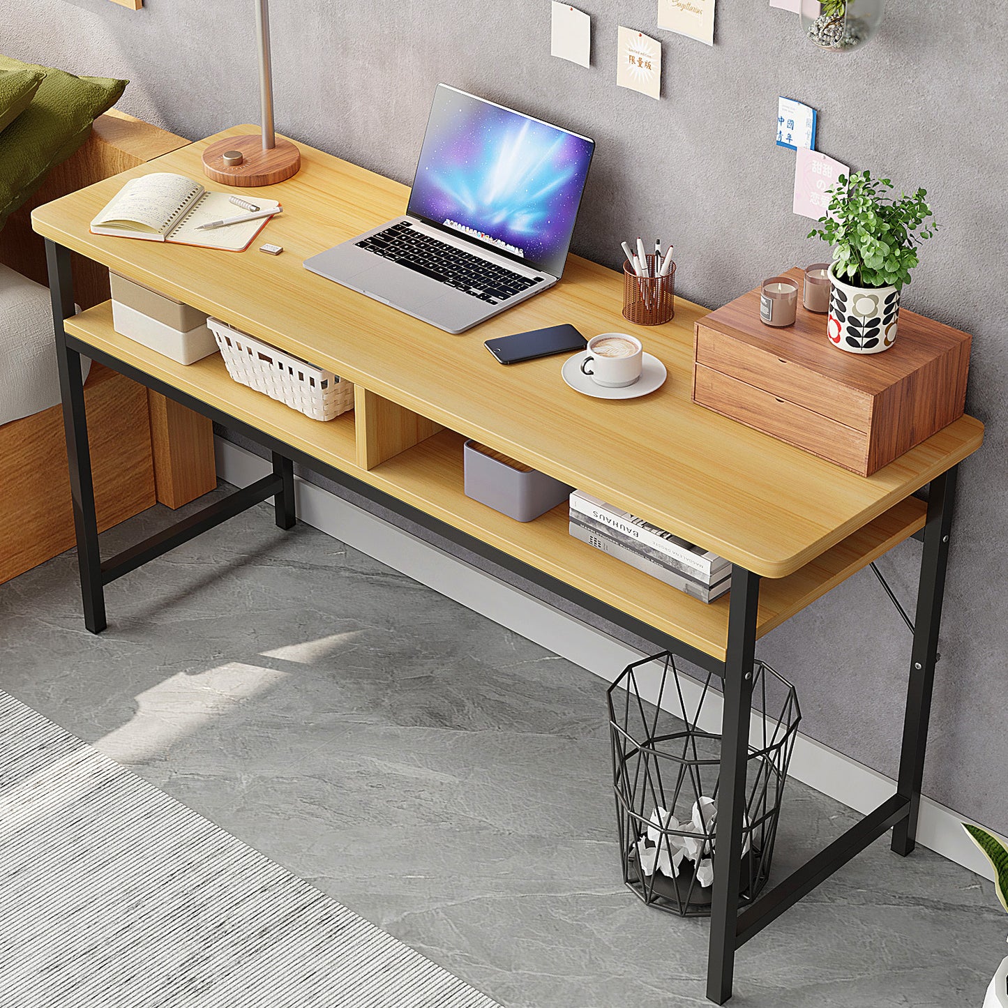 Space-Saver Narrow Console Table Wood and Metal Desk Oak