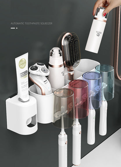 4-Cup Toothbrush Holder Rack with Automatic Toothpaste Dispenser Bathroom Set