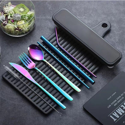 Premium 9PC Stainless Steel Travel Cutlery Set Knife Fork Spoon Straws Colourful