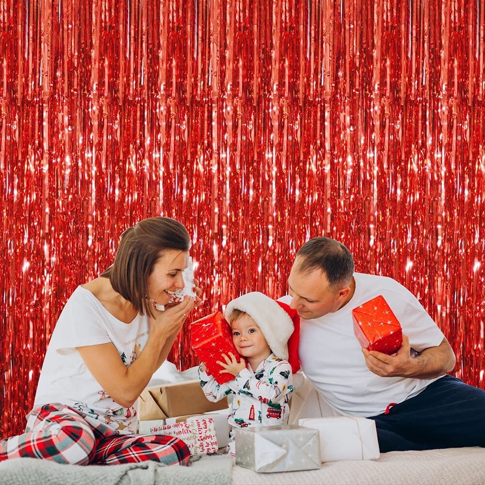 Red Metallic Foil Tinsel Fringe Curtain Party Backdrop Decoration