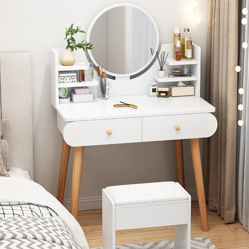 Elegant Vanity Table with Mirror Stool and Storage Drawers Set