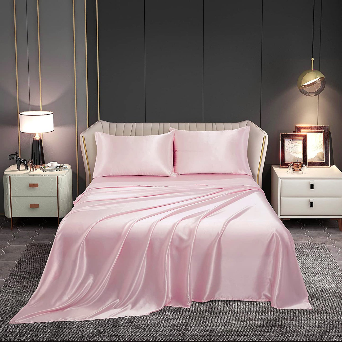 Queen Silky Satin Bed Sheet Set Luxurious Soft Pink Bedding