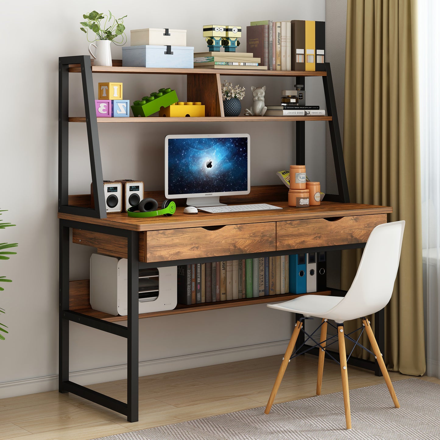 Spacious Office Computer Desk Workstation with Shelves and Drawers Rustic Wood