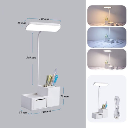 Eye-Protecting LED Night Light Desk Lamp with Pen Holder and Drawer White