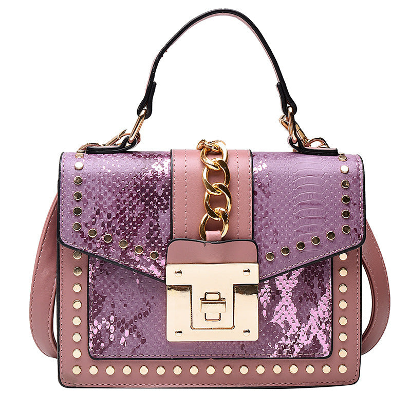 Luxury Designer Handbag Metal Studs Tote Satchel Bag Stylish Purple