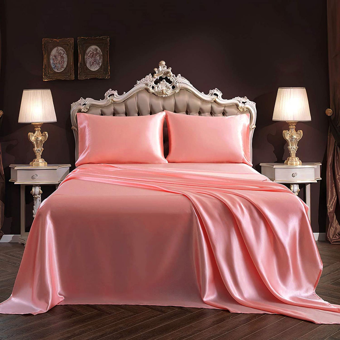 King Silky Satin Bed Sheets Set 4-Piece Luxurious Soft Bedding Rose Gold