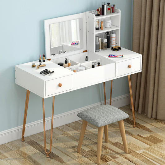 Large Vanity Table with Mirror Stool and Storage Shelves Set White