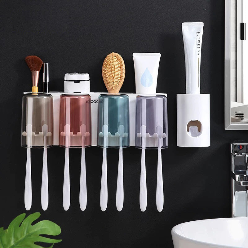 4-Cup Toothbrush Holder Rack with Automatic Toothpaste Dispenser Bathroom Set