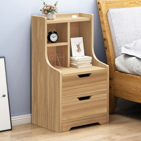 Elegant Tall Oak Bedside Table with Drawers and Shelves for Bedroom